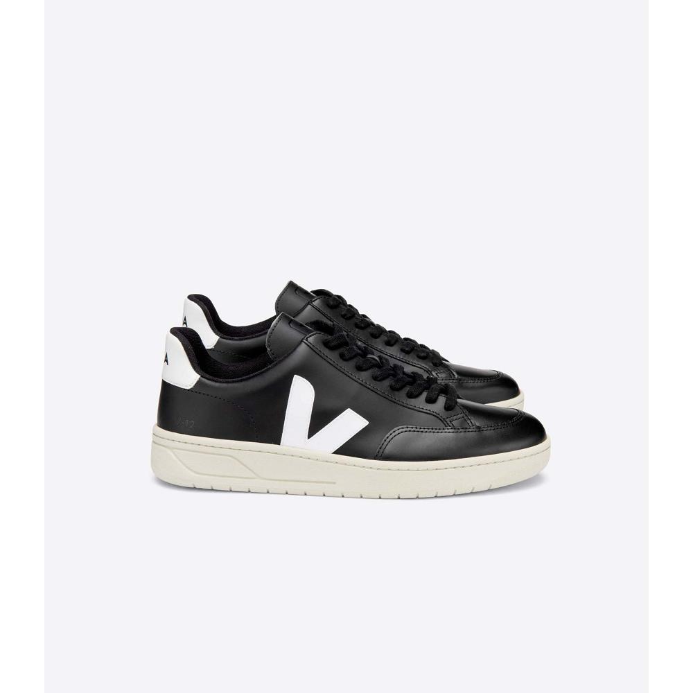 Veja V-12 LEATHER Women\'s Sneakers Black/White | NZ 666VRW